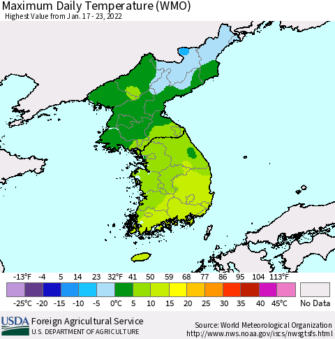 Korea Maximum Daily Temperature (WMO) Thematic Map For 1/17/2022 - 1/23/2022