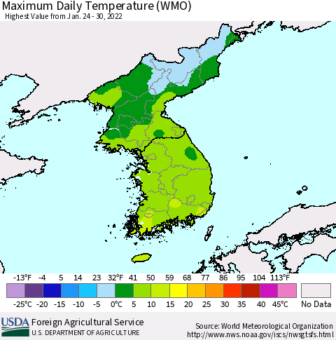 Korea Maximum Daily Temperature (WMO) Thematic Map For 1/24/2022 - 1/30/2022