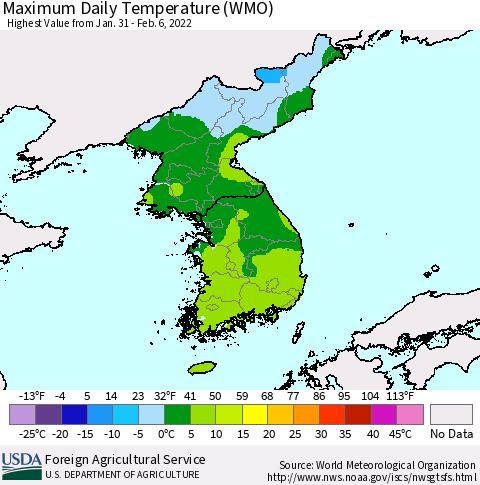 Korea Maximum Daily Temperature (WMO) Thematic Map For 1/31/2022 - 2/6/2022