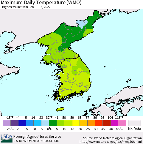 Korea Maximum Daily Temperature (WMO) Thematic Map For 2/7/2022 - 2/13/2022