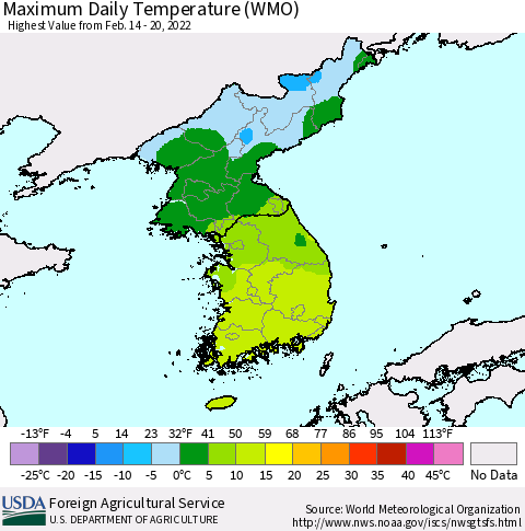 Korea Maximum Daily Temperature (WMO) Thematic Map For 2/14/2022 - 2/20/2022