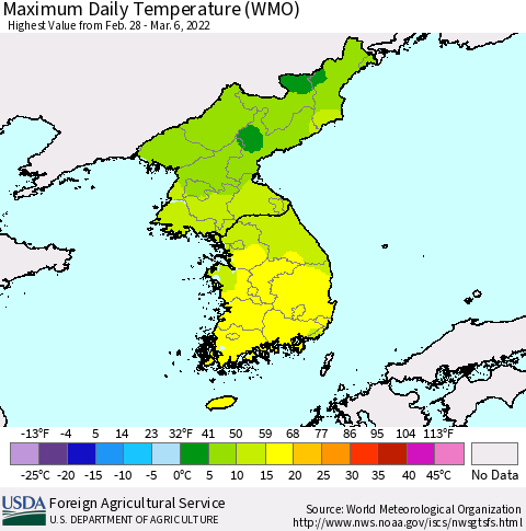 Korea Maximum Daily Temperature (WMO) Thematic Map For 2/28/2022 - 3/6/2022