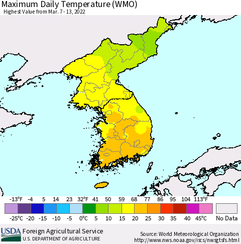 Korea Maximum Daily Temperature (WMO) Thematic Map For 3/7/2022 - 3/13/2022