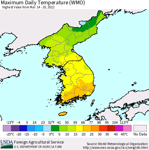 Korea Maximum Daily Temperature (WMO) Thematic Map For 3/14/2022 - 3/20/2022