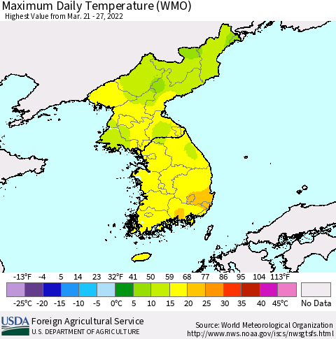 Korea Maximum Daily Temperature (WMO) Thematic Map For 3/21/2022 - 3/27/2022