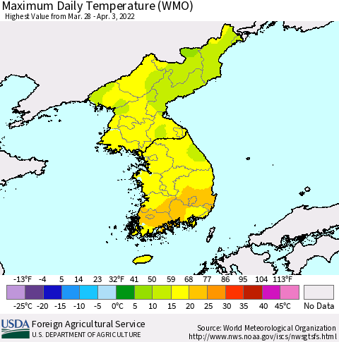 Korea Maximum Daily Temperature (WMO) Thematic Map For 3/28/2022 - 4/3/2022