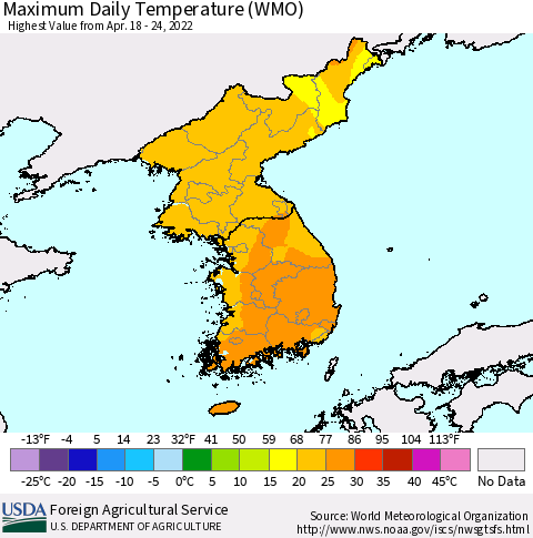 Korea Maximum Daily Temperature (WMO) Thematic Map For 4/18/2022 - 4/24/2022