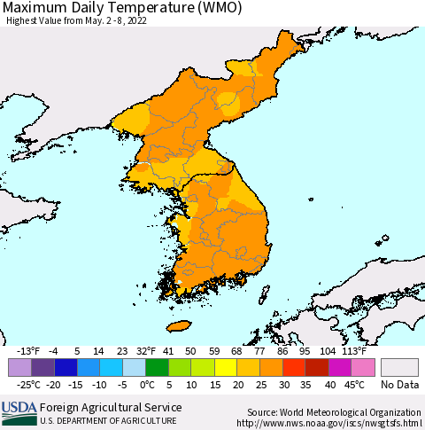 Korea Maximum Daily Temperature (WMO) Thematic Map For 5/2/2022 - 5/8/2022