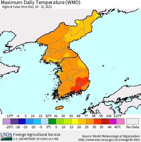 Korea Maximum Daily Temperature (WMO) Thematic Map For 5/16/2022 - 5/22/2022