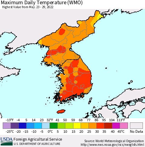 Korea Maximum Daily Temperature (WMO) Thematic Map For 5/23/2022 - 5/29/2022