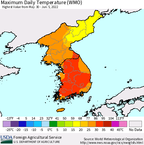 Korea Maximum Daily Temperature (WMO) Thematic Map For 5/30/2022 - 6/5/2022