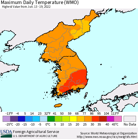 Korea Maximum Daily Temperature (WMO) Thematic Map For 6/13/2022 - 6/19/2022