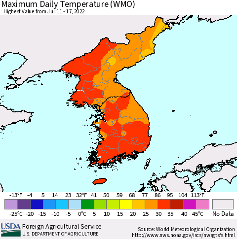 Korea Maximum Daily Temperature (WMO) Thematic Map For 7/11/2022 - 7/17/2022