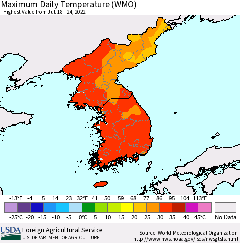 Korea Maximum Daily Temperature (WMO) Thematic Map For 7/18/2022 - 7/24/2022