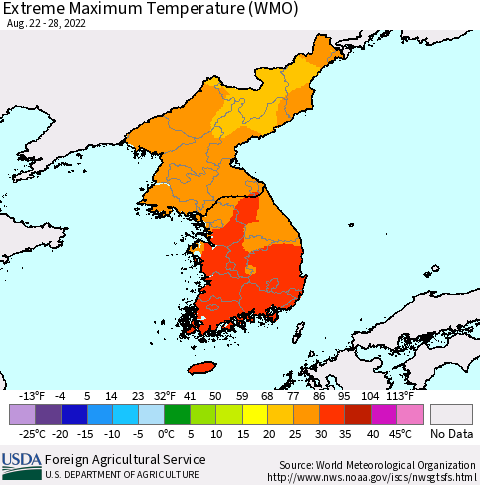 Korea Maximum Daily Temperature (WMO) Thematic Map For 8/22/2022 - 8/28/2022