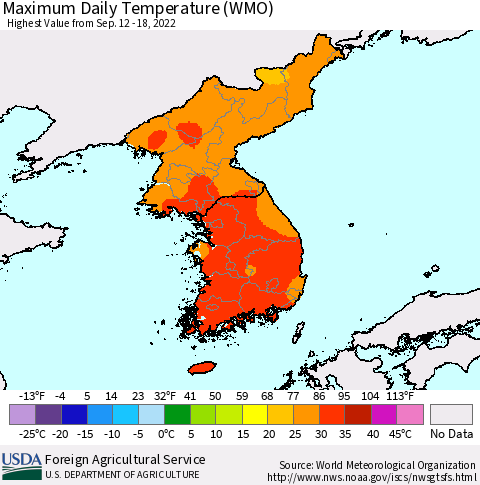 Korea Maximum Daily Temperature (WMO) Thematic Map For 9/12/2022 - 9/18/2022