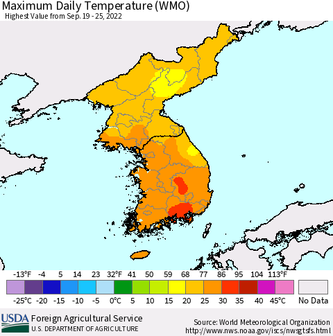 Korea Maximum Daily Temperature (WMO) Thematic Map For 9/19/2022 - 9/25/2022