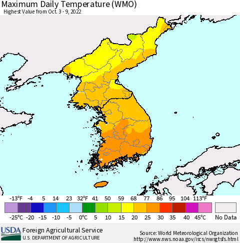 Korea Maximum Daily Temperature (WMO) Thematic Map For 10/3/2022 - 10/9/2022