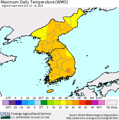 Korea Maximum Daily Temperature (WMO) Thematic Map For 10/10/2022 - 10/16/2022