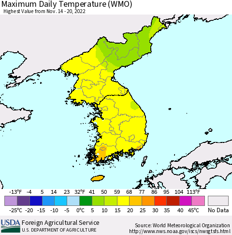 Korea Maximum Daily Temperature (WMO) Thematic Map For 11/14/2022 - 11/20/2022
