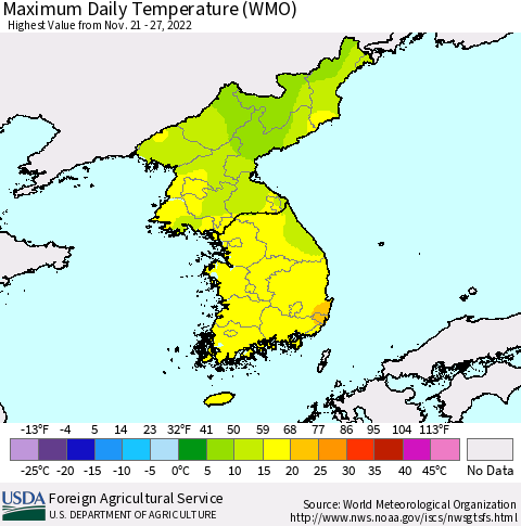 Korea Maximum Daily Temperature (WMO) Thematic Map For 11/21/2022 - 11/27/2022