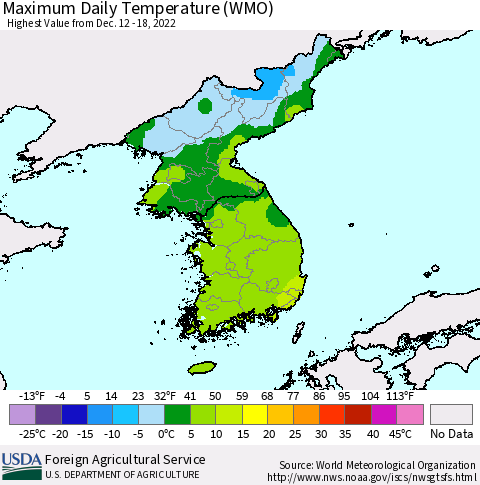 Korea Maximum Daily Temperature (WMO) Thematic Map For 12/12/2022 - 12/18/2022