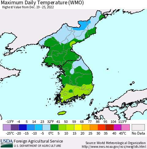 Korea Maximum Daily Temperature (WMO) Thematic Map For 12/19/2022 - 12/25/2022