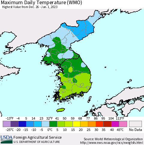 Korea Maximum Daily Temperature (WMO) Thematic Map For 12/26/2022 - 1/1/2023