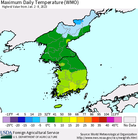 Korea Maximum Daily Temperature (WMO) Thematic Map For 1/2/2023 - 1/8/2023