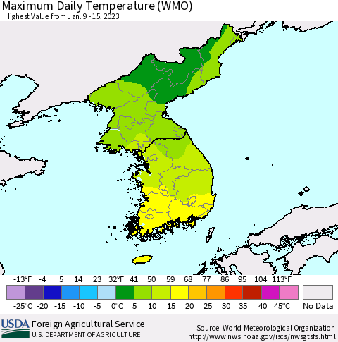 Korea Maximum Daily Temperature (WMO) Thematic Map For 1/9/2023 - 1/15/2023