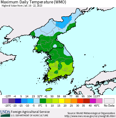 Korea Maximum Daily Temperature (WMO) Thematic Map For 1/16/2023 - 1/22/2023