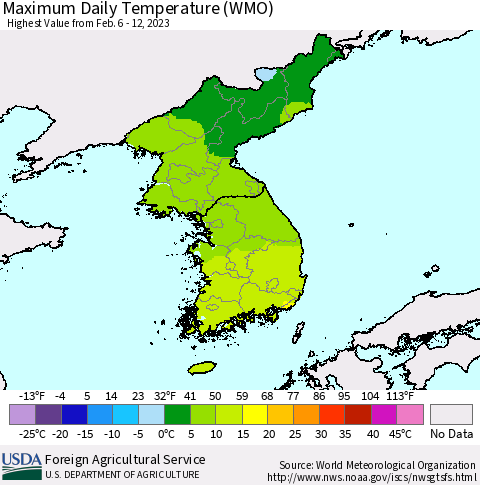 Korea Maximum Daily Temperature (WMO) Thematic Map For 2/6/2023 - 2/12/2023