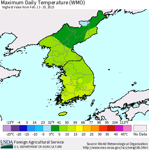 Korea Maximum Daily Temperature (WMO) Thematic Map For 2/13/2023 - 2/19/2023