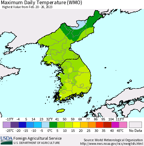 Korea Maximum Daily Temperature (WMO) Thematic Map For 2/20/2023 - 2/26/2023