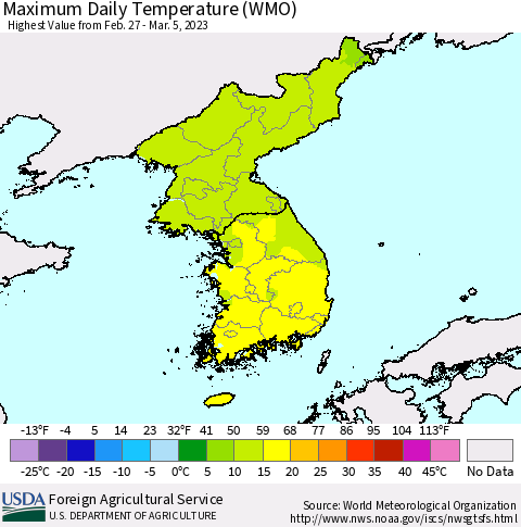 Korea Maximum Daily Temperature (WMO) Thematic Map For 2/27/2023 - 3/5/2023