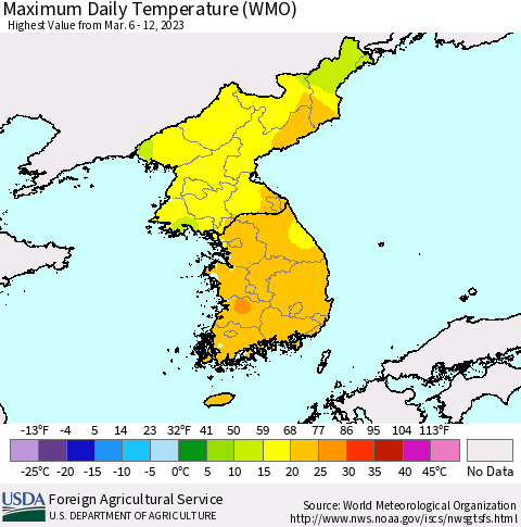Korea Maximum Daily Temperature (WMO) Thematic Map For 3/6/2023 - 3/12/2023