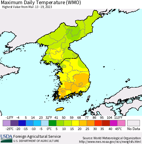 Korea Maximum Daily Temperature (WMO) Thematic Map For 3/13/2023 - 3/19/2023