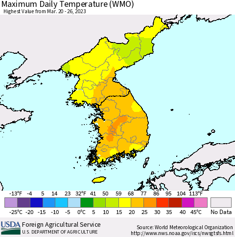 Korea Maximum Daily Temperature (WMO) Thematic Map For 3/20/2023 - 3/26/2023