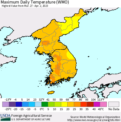 Korea Maximum Daily Temperature (WMO) Thematic Map For 3/27/2023 - 4/2/2023