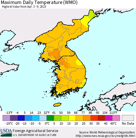 Korea Maximum Daily Temperature (WMO) Thematic Map For 4/3/2023 - 4/9/2023