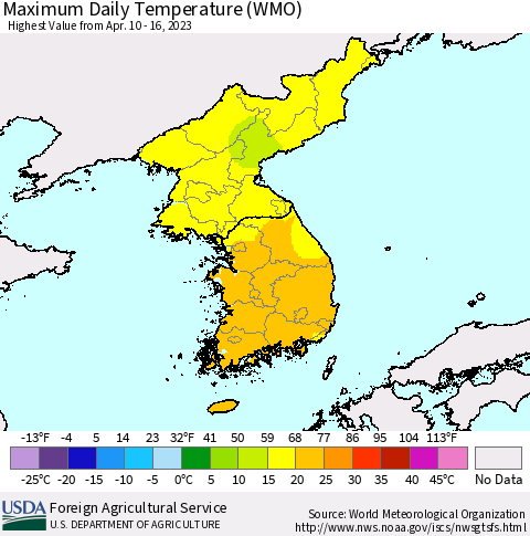Korea Maximum Daily Temperature (WMO) Thematic Map For 4/10/2023 - 4/16/2023