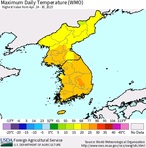 Korea Maximum Daily Temperature (WMO) Thematic Map For 4/24/2023 - 4/30/2023