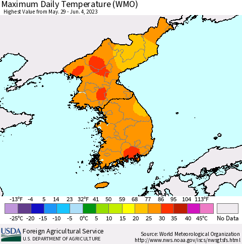 Korea Maximum Daily Temperature (WMO) Thematic Map For 5/29/2023 - 6/4/2023
