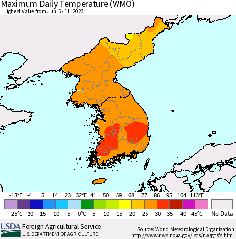 Korea Maximum Daily Temperature (WMO) Thematic Map For 6/5/2023 - 6/11/2023