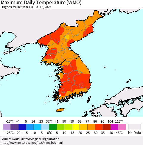 Korea Maximum Daily Temperature (WMO) Thematic Map For 7/10/2023 - 7/16/2023