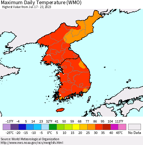 Korea Maximum Daily Temperature (WMO) Thematic Map For 7/17/2023 - 7/23/2023