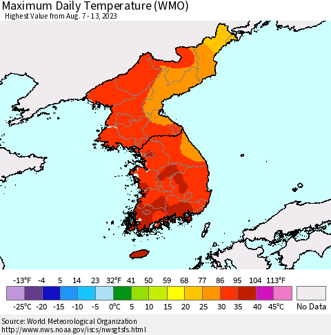 Korea Maximum Daily Temperature (WMO) Thematic Map For 8/7/2023 - 8/13/2023