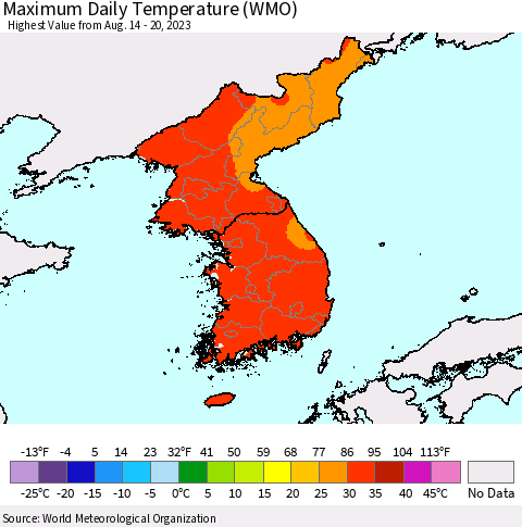 Korea Maximum Daily Temperature (WMO) Thematic Map For 8/14/2023 - 8/20/2023