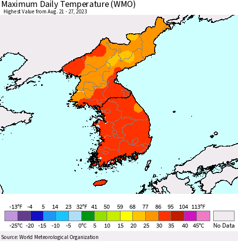 Korea Maximum Daily Temperature (WMO) Thematic Map For 8/21/2023 - 8/27/2023