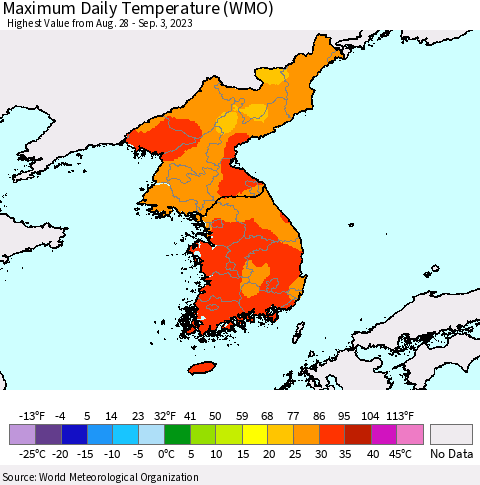 Korea Maximum Daily Temperature (WMO) Thematic Map For 8/28/2023 - 9/3/2023